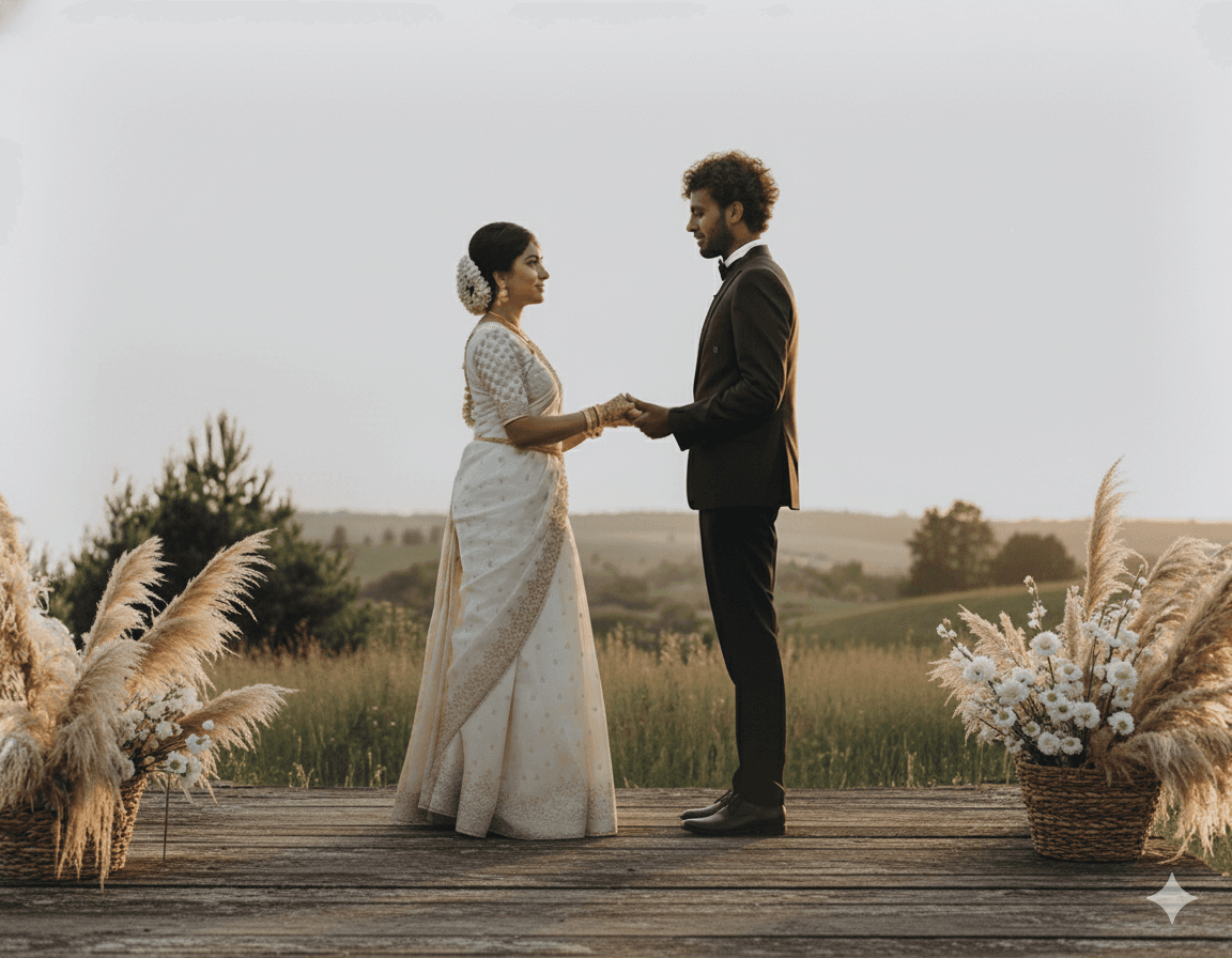 Couple standing together with floral arrangement